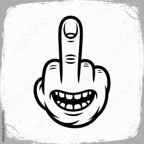 A bold and humorous illustration of a hand giving the middle finger, featuring a smiling face on the palm, representing playful rebellion and edgy expression in art.