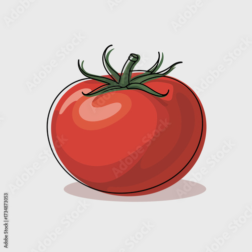A fresh, vibrant red tomato sits on a clean white background, highlighting its natural beauty and inviting appeal, symbolizing healthy eating and freshness.