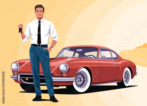 This striking image features a confident man with a vintage car on an open road, symbolizing freedom and adventure, elegantly blending style with nostalgia and sophistication.