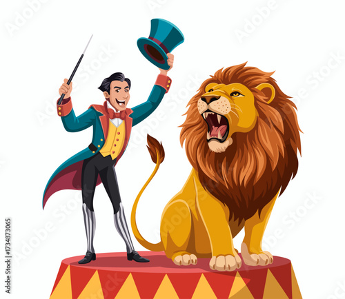 A vibrant scene of a magician with a top hat and his majestic lion on a circus stage captures the excitement and wonder of performance art in a traditional entertainment setting.