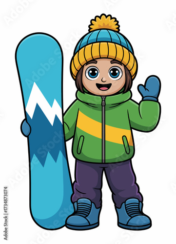 A cheerful cartoon character dressed in warm winter clothing, standing with a snowboard, showcasing a fun winter vibe and excitement for snowboarding adventures.