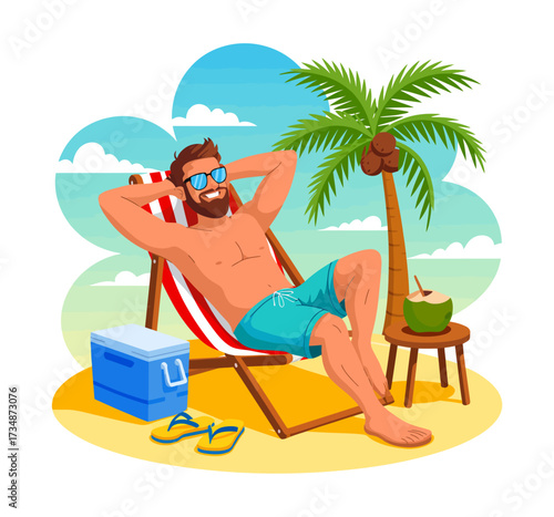 A serene image of a man lounging under the sun on a tropical beach, highlighting relaxation, leisure, and the bliss of vacation in a picturesque setting.