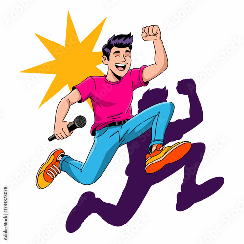 This dynamic illustration captures a young performer joyfully leaping with a microphone in hand, embodying the excitement and passion of live performance and entertainment.