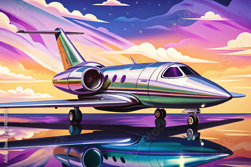 modern polished metallic silver jet plane sits gracefully on a beautiful reflective surface, showcasing its sleek aerodynamic form, illustrated in a precise professional vector style