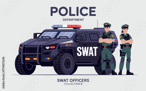 This illustration features two SWAT officers standing confidently beside a tactical armored vehicle, embodying strength, teamwork, and professionalism in law enforcement.