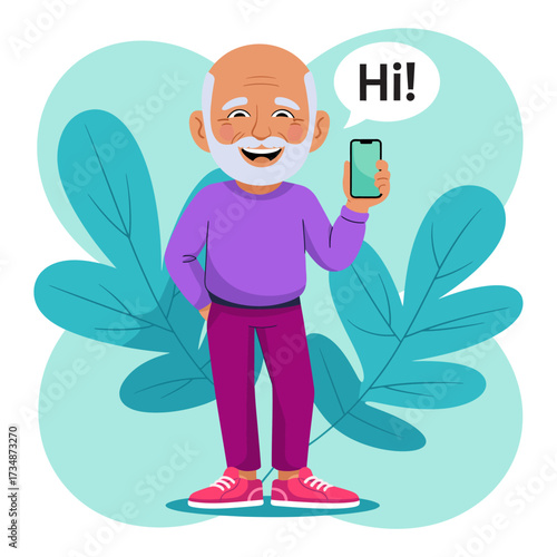A cheerful elderly man happily holding a smartphone and greeting with a friendly smile, representing the joy of connectivity and communication in modern life.