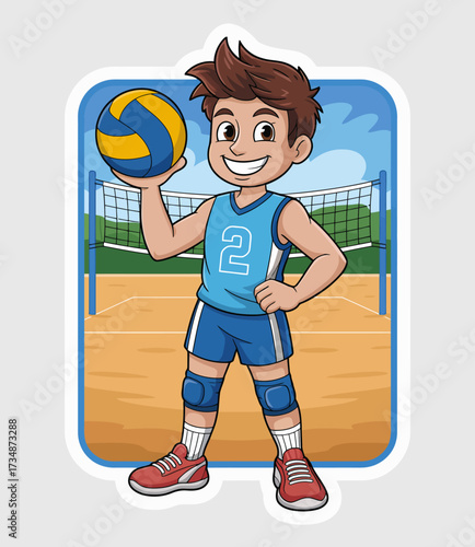 A cheerful boy stands on a beach volleyball court, radiating enthusiasm as he holds a volleyball, embodying the spirit of sportsmanship and summer fun in recreational activities.