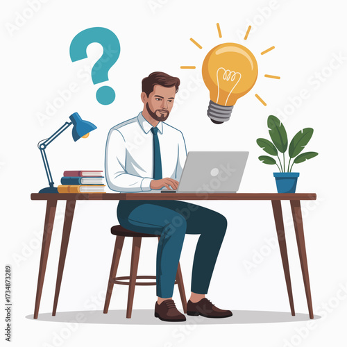 A man working on a laptop at his desk symbolizes creativity and problem-solving, representing the importance of ideas and inspiration in the modern work environment.