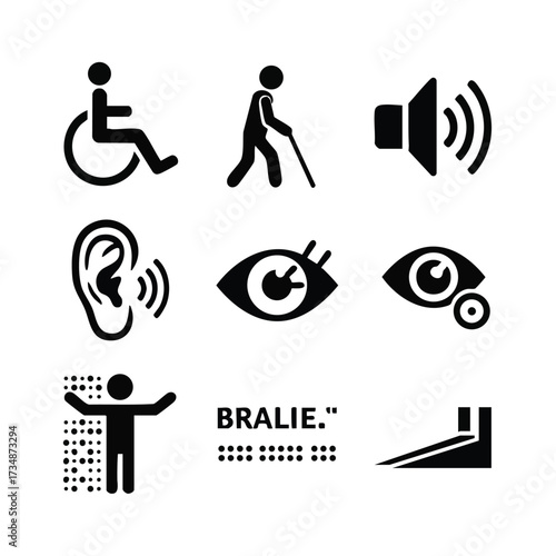 Collection of accessible and assistive icons representing mobility, hearing, vision, and independence aids for inclusivity