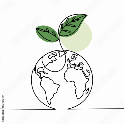 A minimalist illustration of the Earth with a sprouting plant represents environmental growth and sustainability, emphasizing the importance of nurturing our planet for future generations.