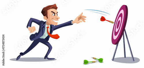 An animated illustration of a determined businessman throwing darts at a target, symbolizing focus, ambition, and the competitive nature of the business world and personal growth.