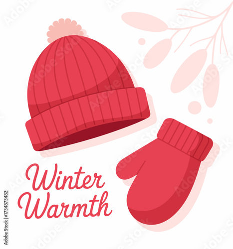 A warm red knitted hat and mittens are beautifully displayed, capturing the essence of winter coziness and comfort, inviting the viewer to embrace the chilly season joyfully.