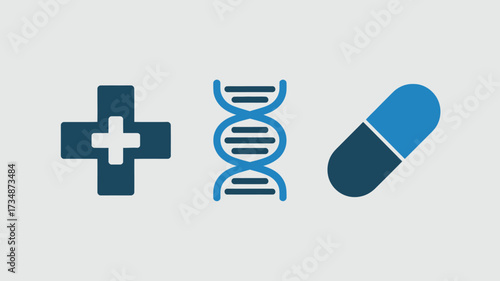 Set of medical icons including a plus sign DNA strand and capsule pill flat vector design element for healthcare and science applications isolated on white background