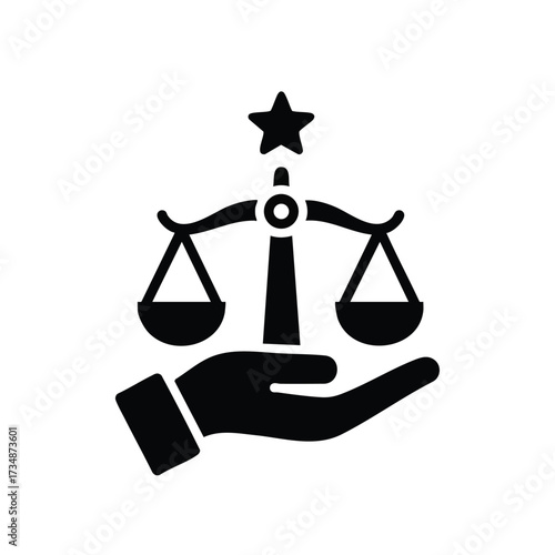 Symbolic representation of justice with a hand holding a scale and a star above, emphasizing fairness and law enforcement concepts