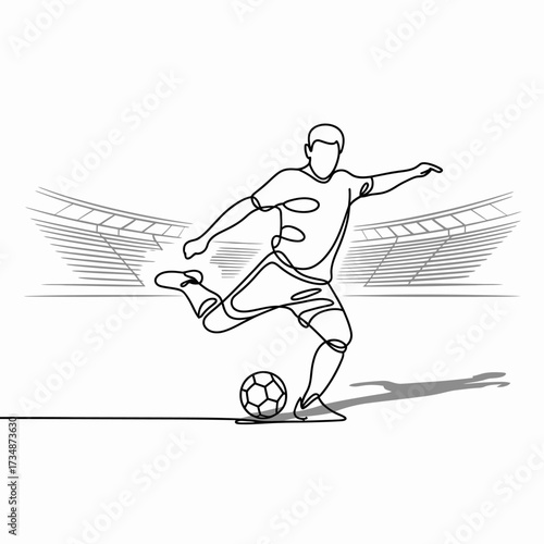 A continuous line drawing of a soccer player in action, kicking a ball on an empty stadium field, showcasing athleticism and the essence of sportsmanship.