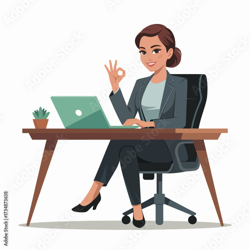 An illustration of a confident businesswoman seated at her desk, effectively managing her tasks, signifying professionalism, empowerment, and the modern work environment.