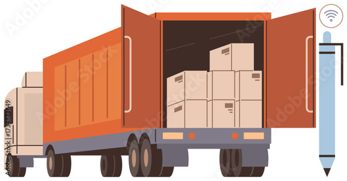 Cargo truck loaded with cardboard boxes and open doors beside a connected digital pen icon. Ideal for logistics, delivery services, e-commerce, technology integration, freight management, inventory