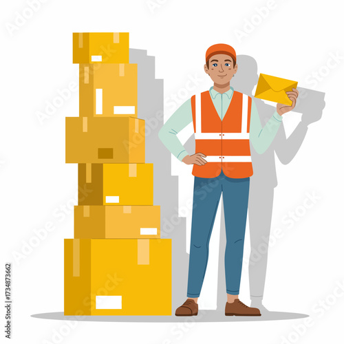 A warehouse worker is standing proudly next to stacks of boxes, holding a delivery envelope, representing logistics and supply chain efficiency in a dynamic work environment.
