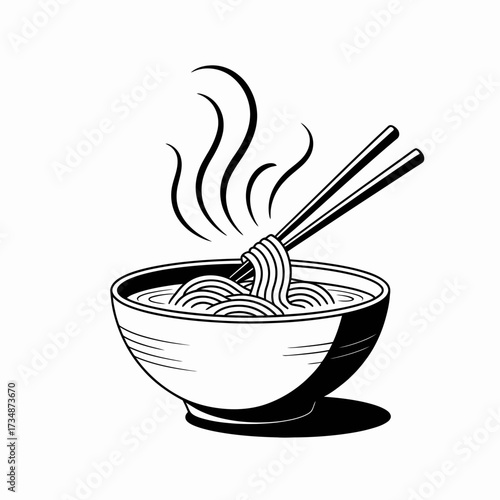 A steaming bowl of noodles is elegantly presented with chopsticks, inviting onlookers to enjoy this timeless and delicious culinary delight. Perfect for food lovers.