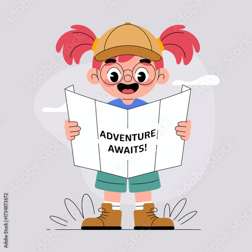 A joyful illustration of a child enthusiastically holding a map, expressing a sense of adventure and curiosity while exploring new places and experiences.