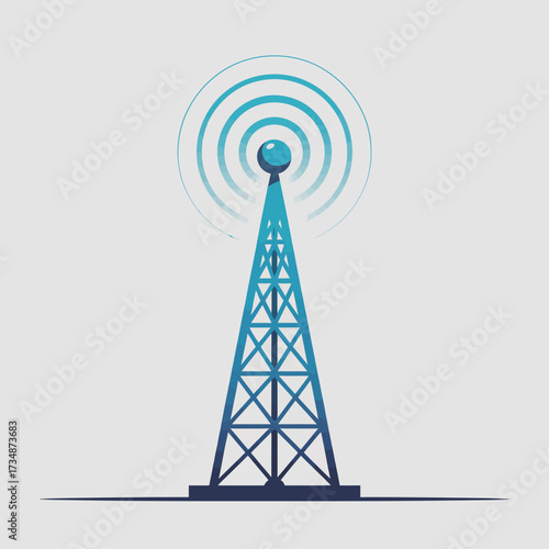 A sleek radio tower with signal waves emanating from the top represents telecommunications and technology's impact on communication and connectivity in modern society.
