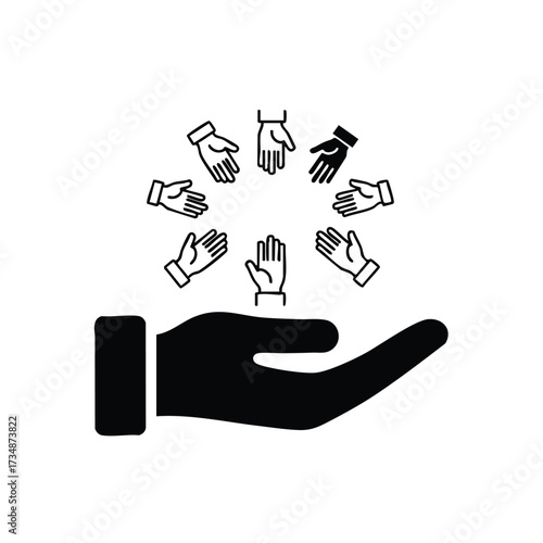Symbolic representation of teamwork and collaboration with multiple hands reaching towards a central hand in a minimalist style