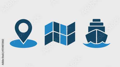 Set of location map and ship icons simple flat vector design elements isolated on white background