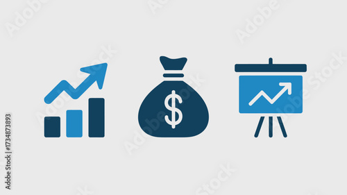 Set of business and finance icons including a growth chart money bag and presentation board flat vector design element for web and mobile apps