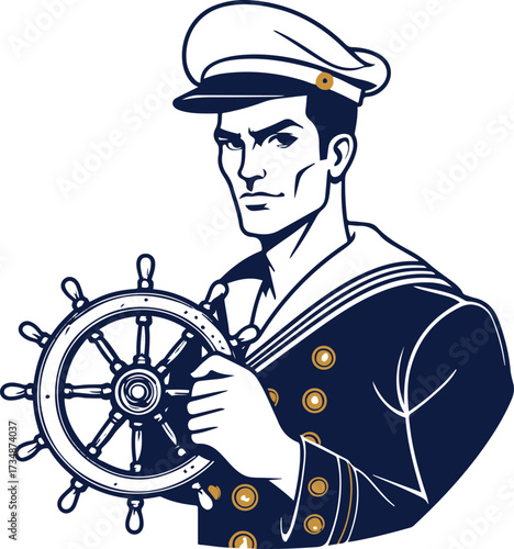 Black thick outline with white background, Minimalist line art of a sailor holding ship steering wheel