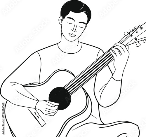 Black thick outline with white background, Minimalist line art of a musician playing guitar