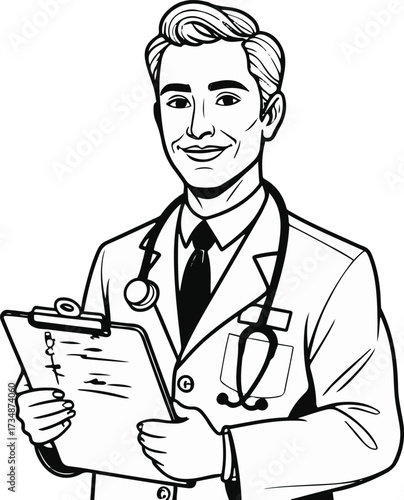 Black thick outline with white background, Minimalist line drawing of a doctor holding clipboard with stethoscope 1