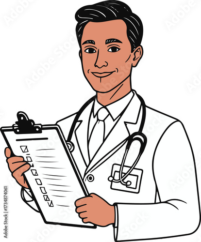 Black thick outline with white background, Minimalist line drawing of a doctor holding clipboard with stethoscope 2.