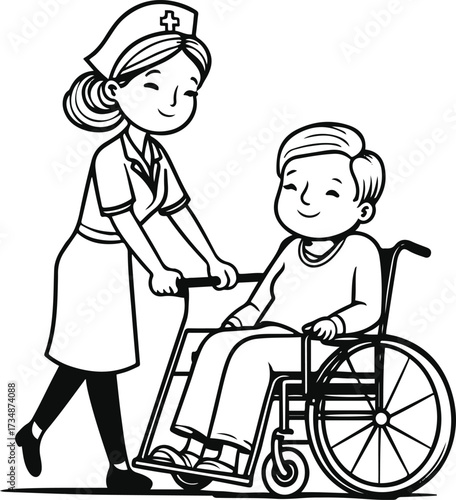 Black thick outline with white background, Single line art of a nurse pushing wheelchair 1