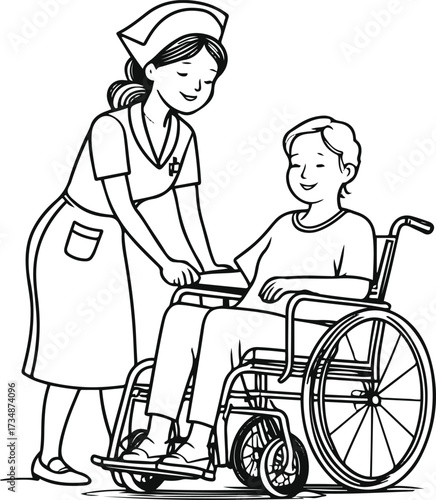 Black thick outline with white background, Single line art of a nurse pushing wheelchair