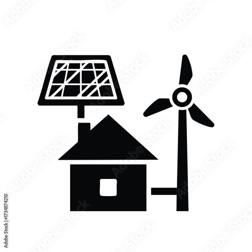 Sustainable Energy Concept Featuring a Solar Panel and Wind Turbine Next to a House