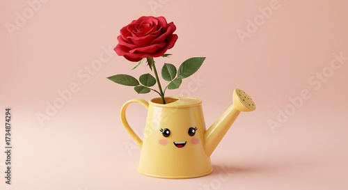 Red rose in yellow watering can on pink background floral still life