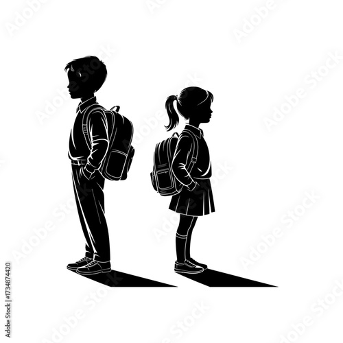 Silhouettes of people or children reading books, Isolated diverse kids with backpacks walking to school, women and children, education concept, learning, knowledge, library scene, study time