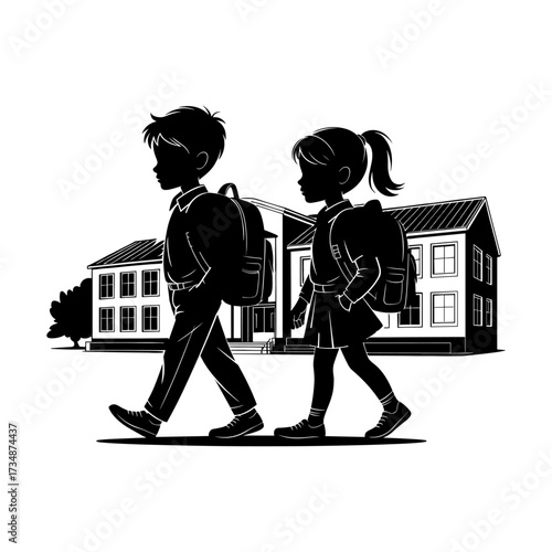 Silhouettes of people or children reading books, Isolated diverse kids with backpacks walking to school, women and children, education concept, learning, knowledge, library scene, study time