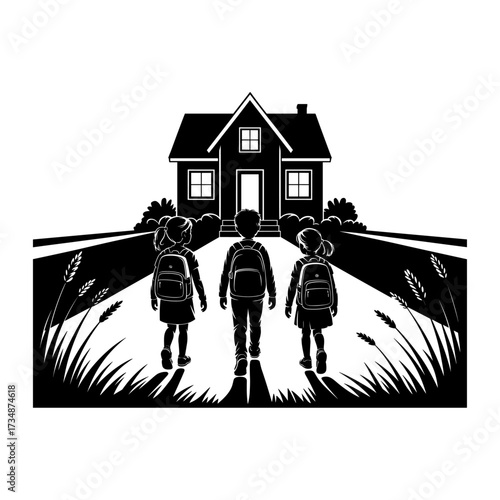 Silhouettes of people or children reading books, Isolated diverse kids with backpacks walking to school, women and children, education concept, learning, knowledge, library scene, study time