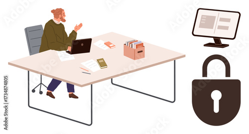 Professional working on laptop at desk surrounded by documents, with a monitor and lock icon symbolizing data security. Ideal for privacy, data protection, internet safety, compliance, office work