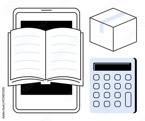 Open book on a tablet, calculator, and box representing e-learning, online retail, and resource management. Ideal for education, business, inventory shipping finance e-commerce. Simple flat