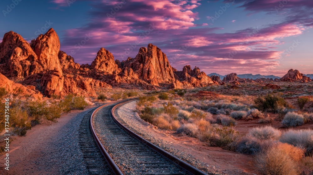 Fototapeta premium Desert landscape railway tracks sunset