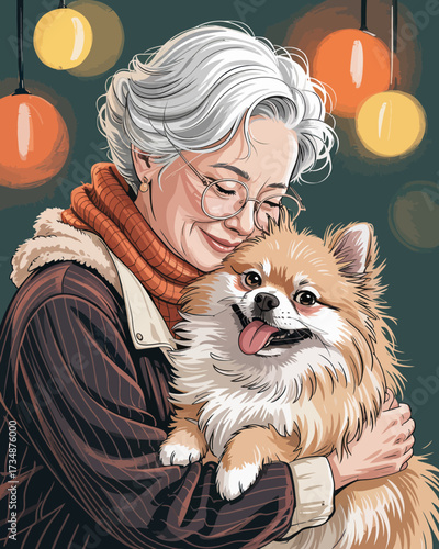 This touching illustration captures the warm bond between an elderly woman with gray hair and her playful Pomeranian dog, filled with joy and affection under festive lights.