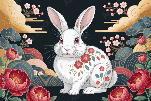 This whimsical illustration features a charming white rabbit adorned with flowers, set against a colorful backdrop of peonies and clouds, blending nature and fantasy beautifully.