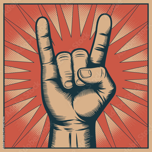 An artistic representation of a hand making the iconic rock and roll gesture, symbolizing power, rebellion, and the vibrant music culture with a burst of energy in the background.