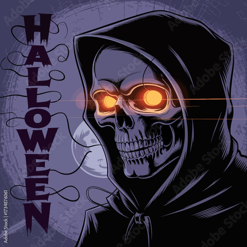 A haunting and mysterious portrait of a skeleton wearing a hooded cloak with glowing orange eyes, evoking themes of Halloween, mystery, and suspense.