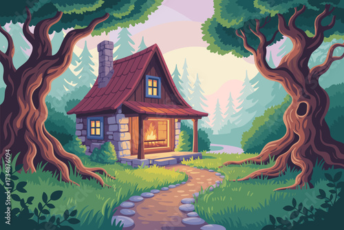 A picturesque scene of a cozy cabin nestled amidst trees, inviting serenity and peace, evoking a sense of retreat, nature's beauty, and tranquility.