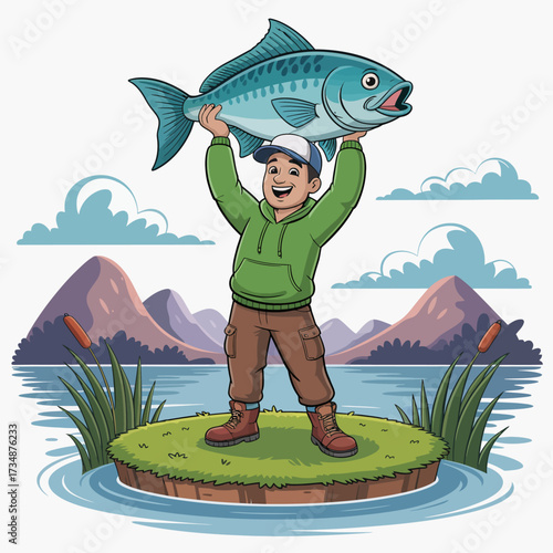 A content fisherman joyfully holds up a large fish against a scenic backdrop, symbolizing achievement, outdoor adventure, and the thrill of fishing in nature’s beauty.