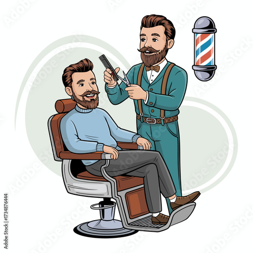 A vintage barber attending to a client in a classic barber shop setting, showcasing skilled grooming and traditional techniques in a friendly atmosphere.