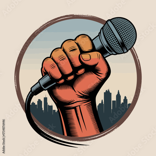 An empowering image of a hand gripping a microphone against a city skyline, representing voice, freedom of expression, and the art of communication in a vibrant urban culture.